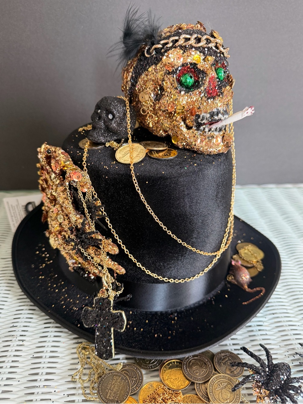 Halloween Black Top Hat with Gold Skull & hands masquerade Mardi Gras costume OS